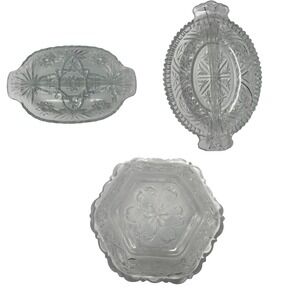 Vintage 3pc Clear Pressed Glass Serving Lot: Hex Bowl + 2 Oval Handled Dishes